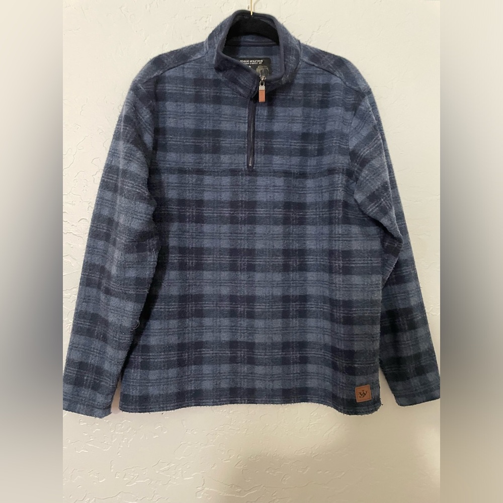 John Wayne Stock & Supply Medium Blue Plaid 1/4 Zip Fleece Pullover Sweater.